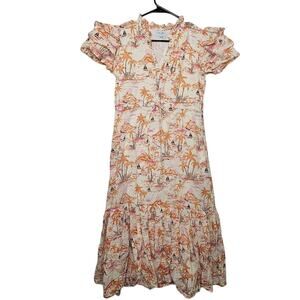 Olivia James The Label Delia Dress In Escape Tawny ruffle sleeve maxi Size XS